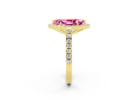 Yellow gold Marquise Cut Halo Diamond Ring with Pavé Band and Three-Prong Setting_2