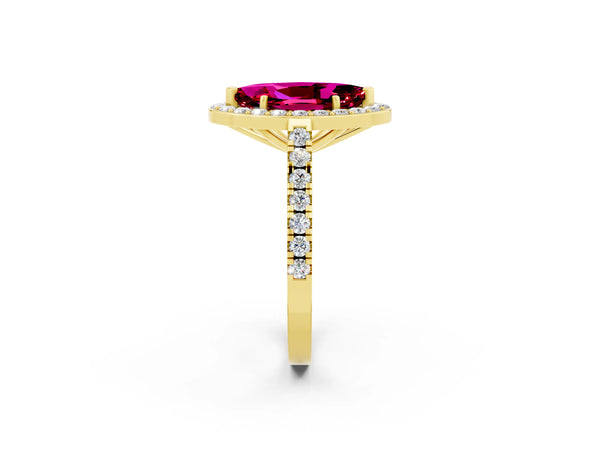 Yellow gold Marquise Cut Garnet Halo Ring with Round Pavé Split Shank and Prong Setting