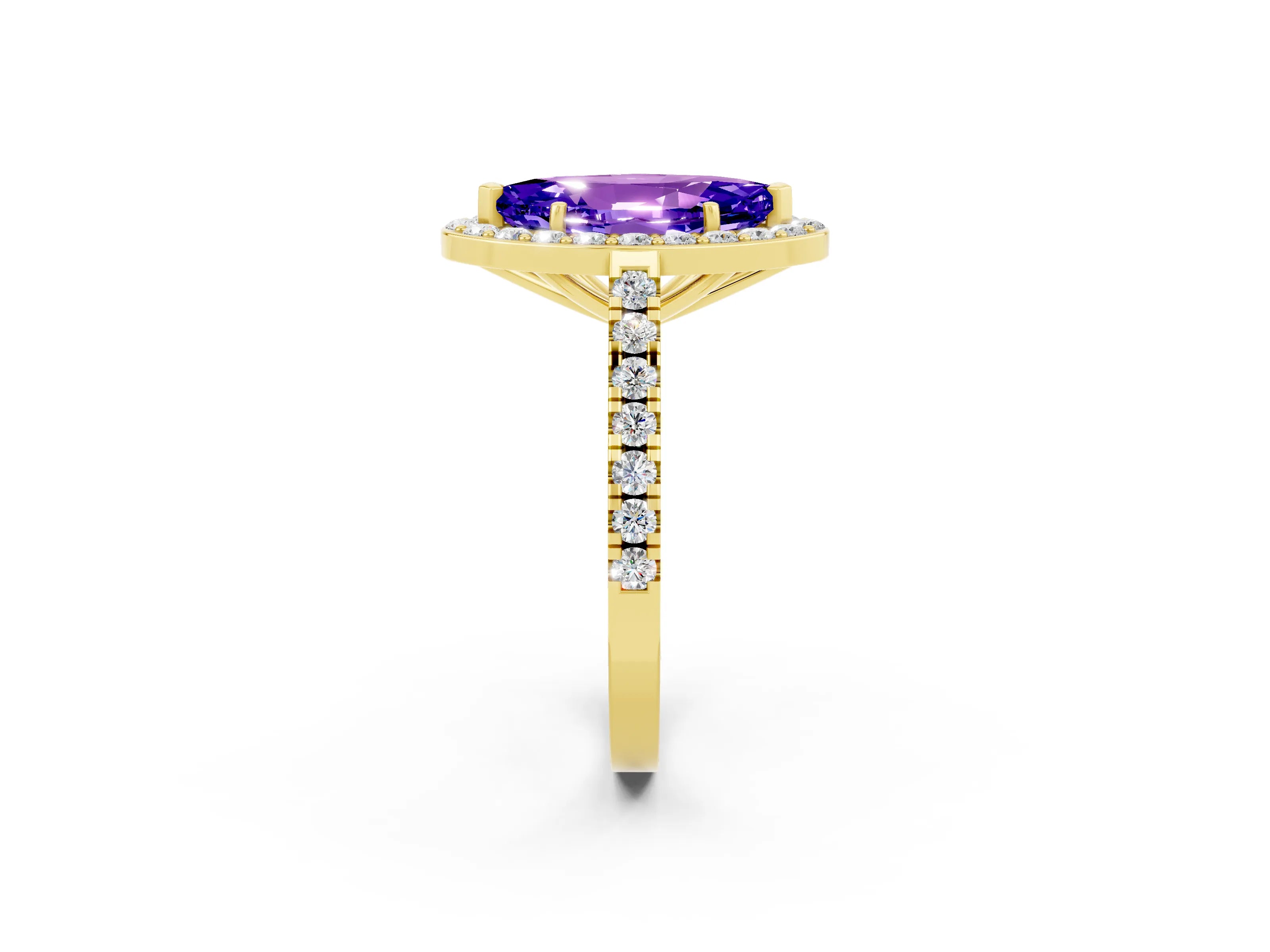 Yellow gold Marquise Cut Halo Diamond Ring with Pavé Band and Three-Prong Setting_2