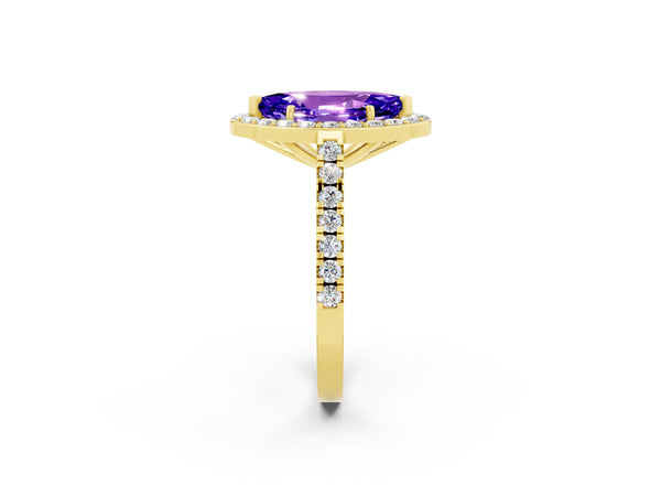 Yellow gold Marquise Cut Tanzanite Halo Ring with Round Pavé Split Shank and Prong Setting