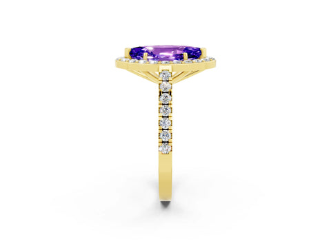 Yellow gold Marquise Cut Halo Diamond Ring with Pavé Band and Three-Prong Setting_2