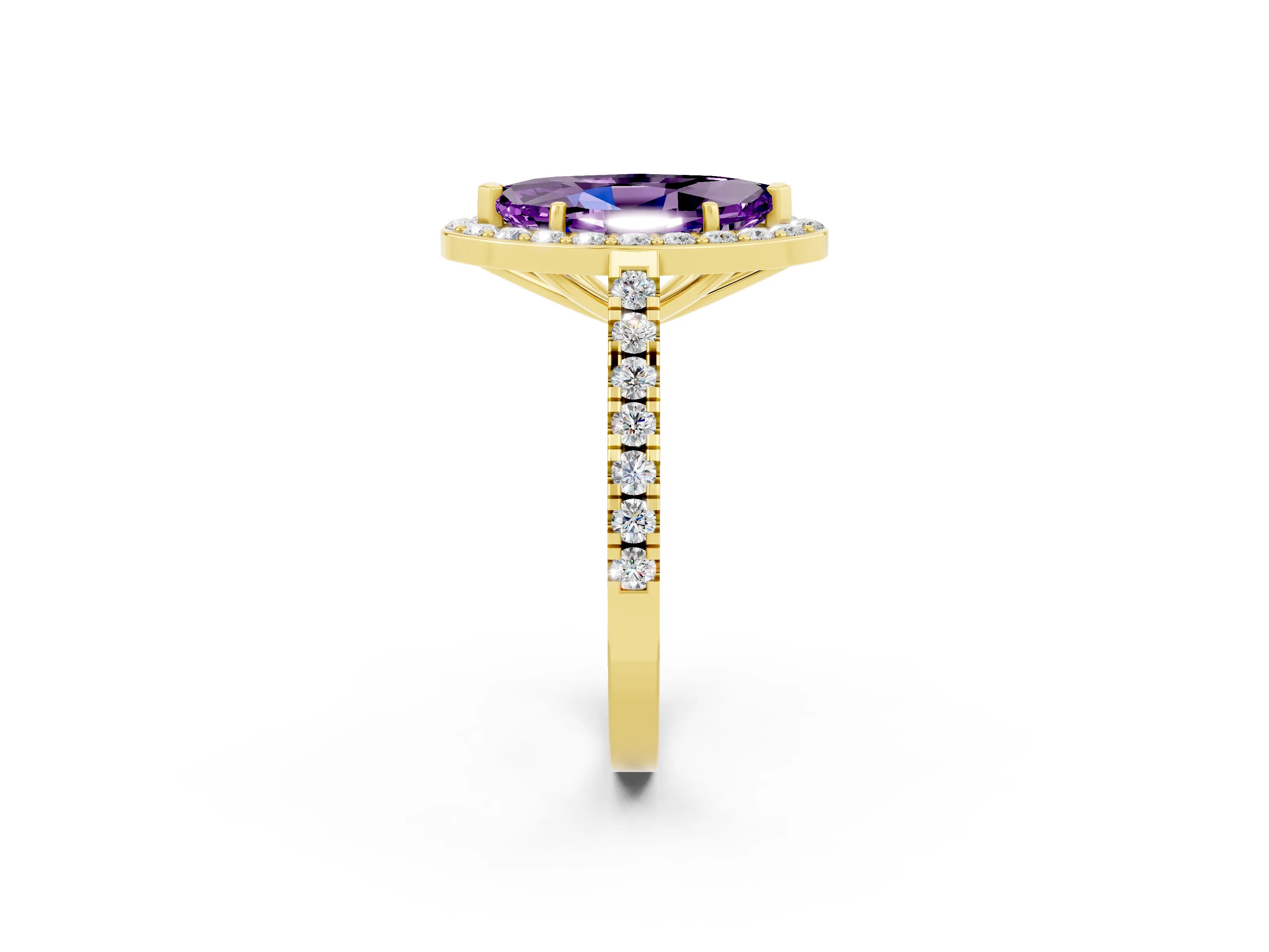 Yellow gold Marquise Cut Halo Diamond Ring with Pavé Band and Three-Prong Setting_2