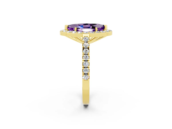 Yellow gold Marquise Cut Amethyst Halo Ring with Round Pavé Split Shank and Prong Setting