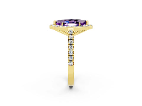 Yellow gold Marquise Cut Halo Diamond Ring with Pavé Band and Three-Prong Setting_2
