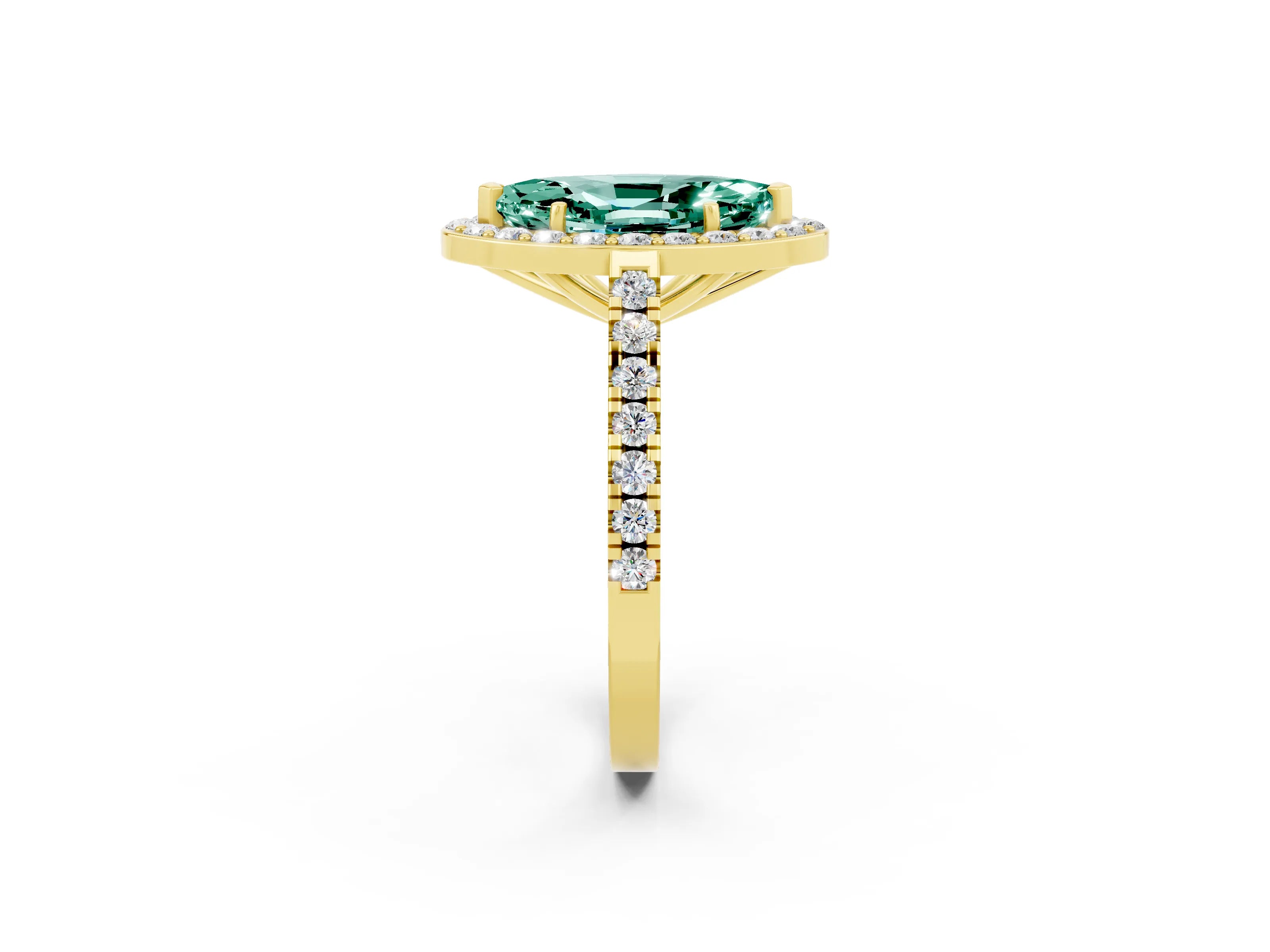 Yellow gold Marquise Cut Halo Diamond Ring with Pavé Band and Three-Prong Setting_2