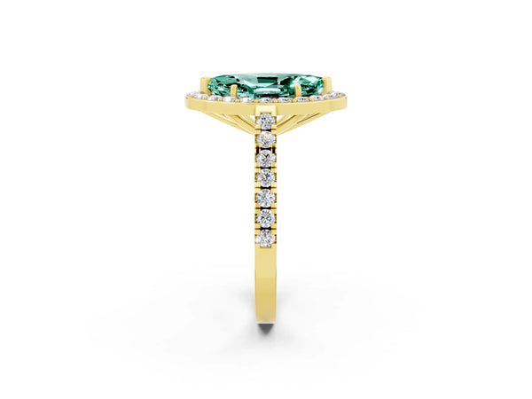 Yellow gold Marquise Cut Green Sapphire Halo Ring with Round Pavé Split Shank and Prong Setting