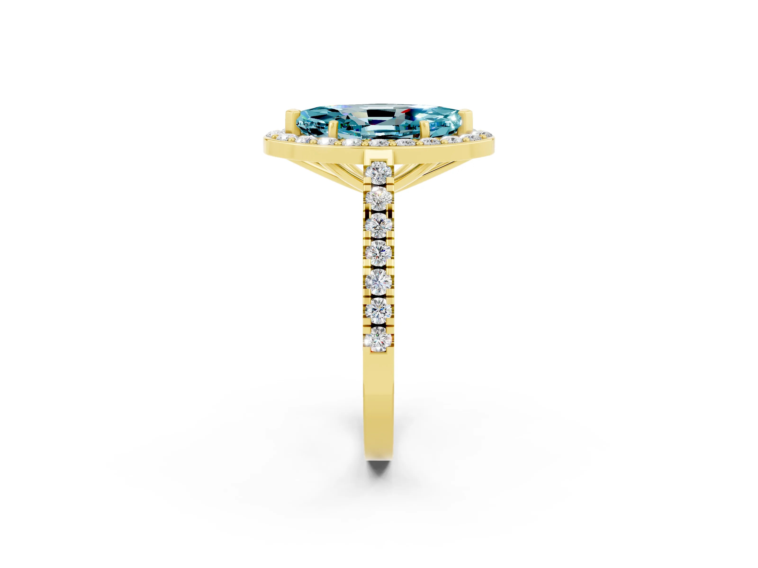 Yellow gold Marquise Cut Halo Diamond Ring with Pavé Band and Three-Prong Setting_2