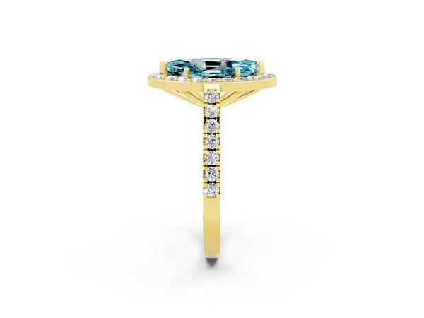 Yellow gold Marquise Cut Halo Diamond Ring with Pavé Band and Three-Prong Setting