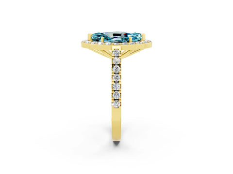 Yellow gold Marquise Cut Halo Diamond Ring with Pavé Band and Three-Prong Setting_2