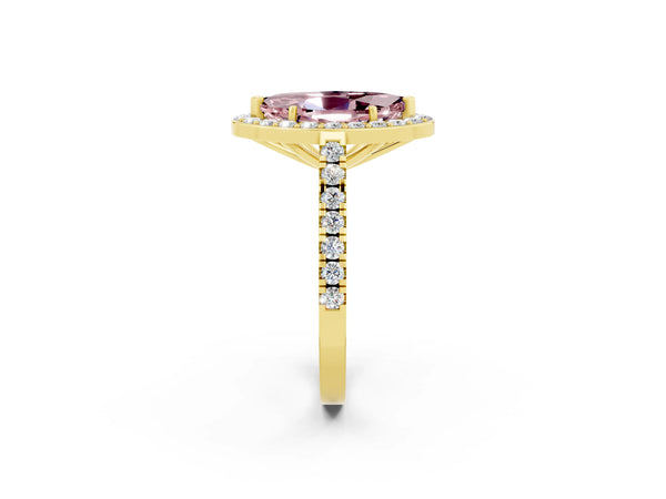Yellow gold Marquise Cut Halo Diamond Ring with Pavé Band and Three-Prong Setting