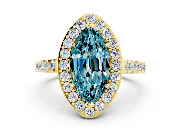 Yellow gold Marquise Cut Halo Diamond Ring with Pavé Band and Three-Prong Setting