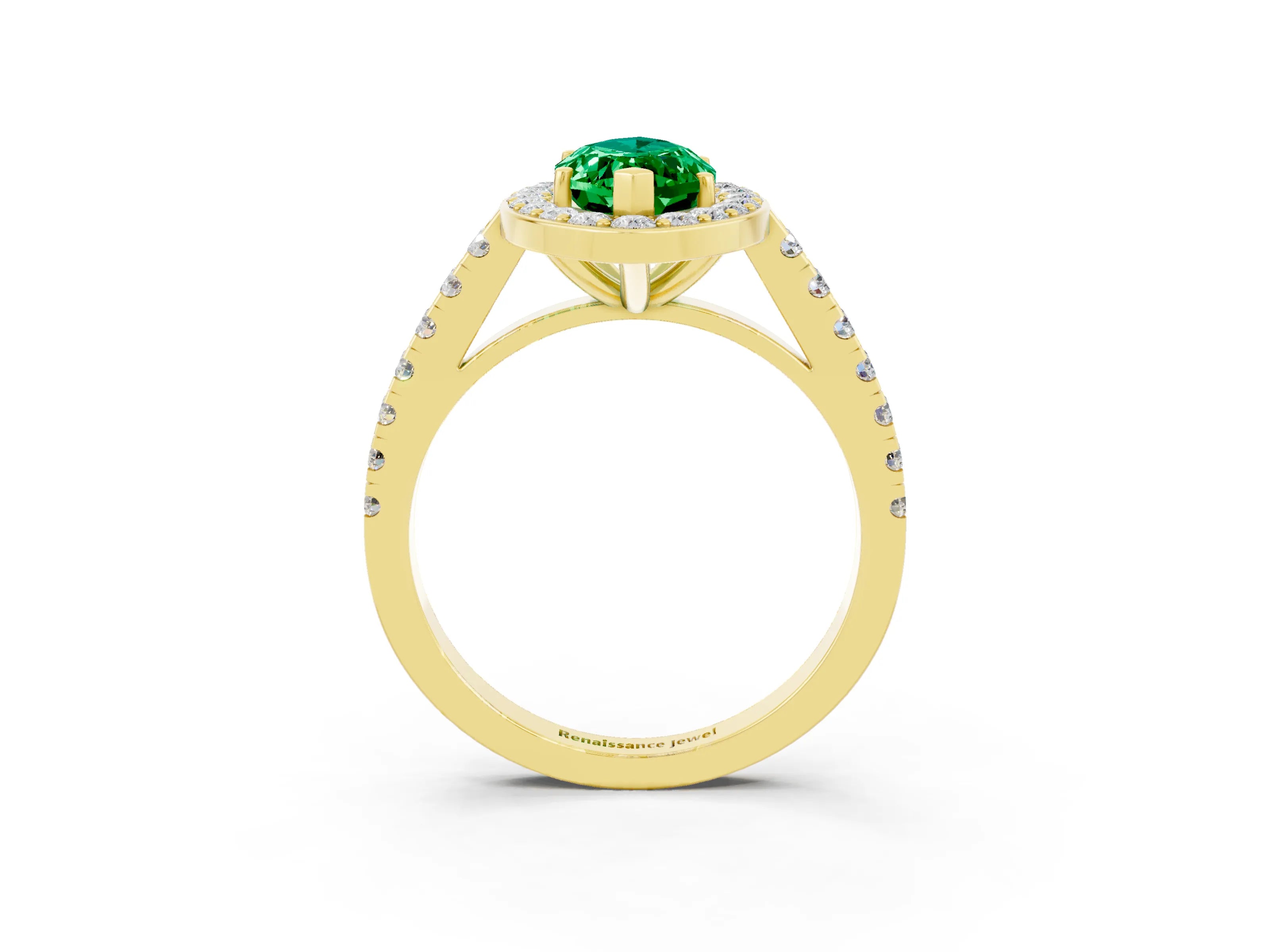 Yellow gold Marquise Cut Halo Diamond Ring with Pavé Band and Three-Prong Setting_3