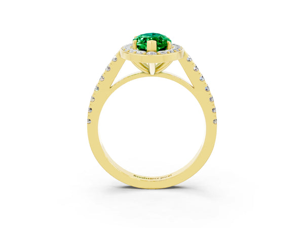 Yellow gold Marquise Cut Emerald Halo Ring with Round Pavé Split Shank and Prong Setting