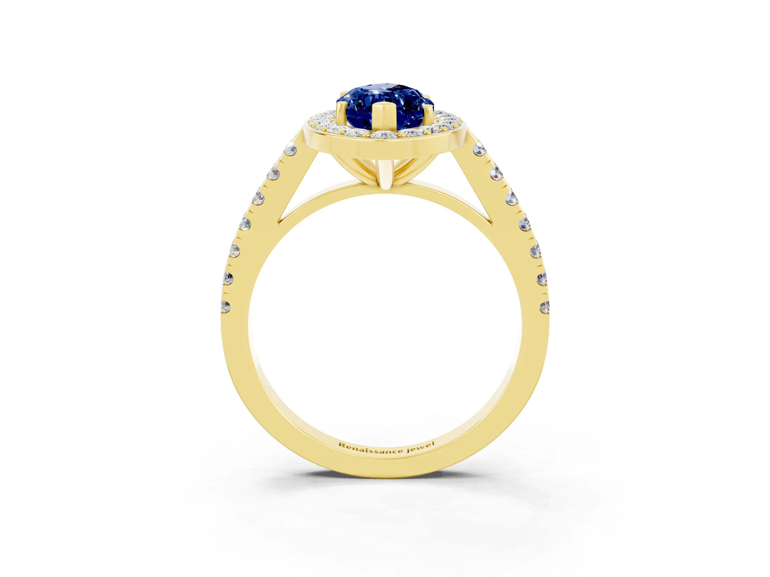 Yellow gold Marquise Cut Halo Diamond Ring with Pavé Band and Three-Prong Setting_3