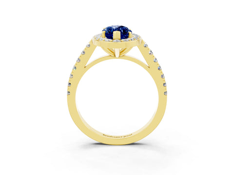 Yellow gold Marquise Cut Halo Diamond Ring with Pavé Band and Three-Prong Setting_3