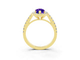 Yellow gold Marquise Cut Halo Diamond Ring with Pavé Band and Three-Prong Setting_3
