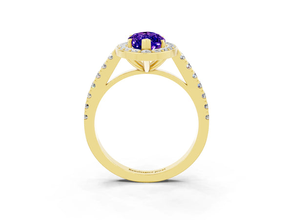 Yellow gold Marquise Cut Tanzanite Halo Ring with Round Pavé Split Shank and Prong Setting