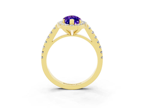 Yellow gold Marquise Cut Halo Diamond Ring with Pavé Band and Three-Prong Setting_3