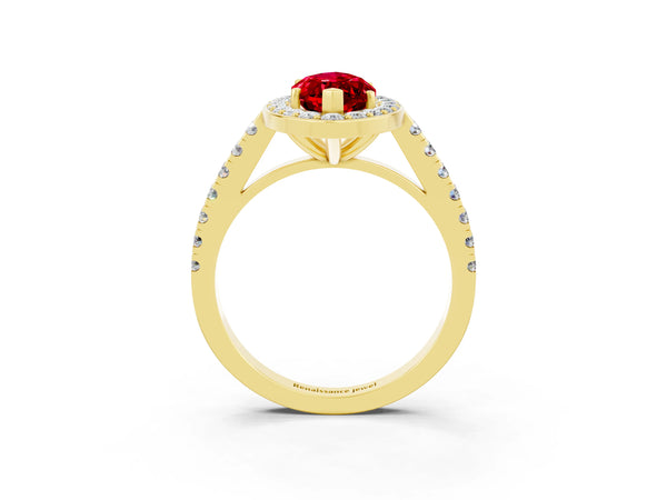 Yellow gold Marquise Cut Ruby Halo Ring with Round Pavé Split Shank and Prong Setting