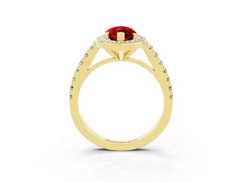 Yellow gold Marquise Cut Halo Diamond Ring with Pavé Band and Three-Prong Setting_3