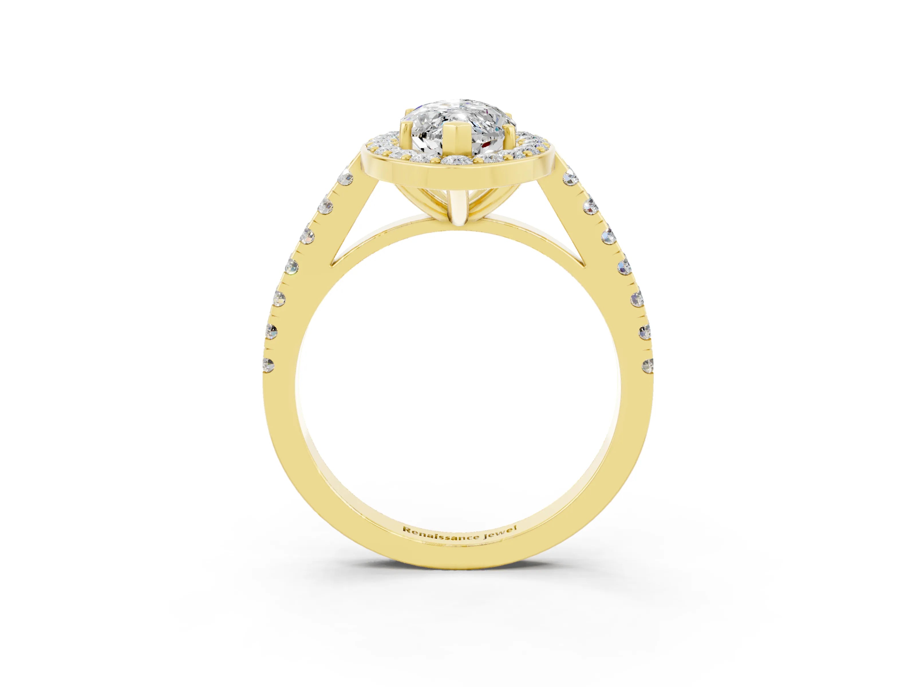 Yellow gold Marquise Cut Halo Diamond Ring with Pavé Band and Three-Prong Setting_3