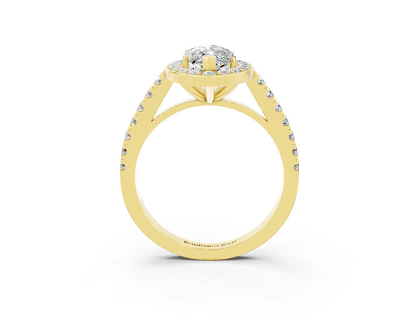Yellow gold Marquise Cut Moissanite Halo Ring with Round Pavé Split Shank and Prong Setting