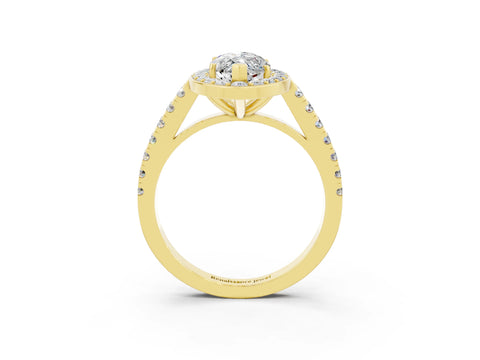 Yellow gold Marquise Cut Halo Diamond Ring with Pavé Band and Three-Prong Setting_3