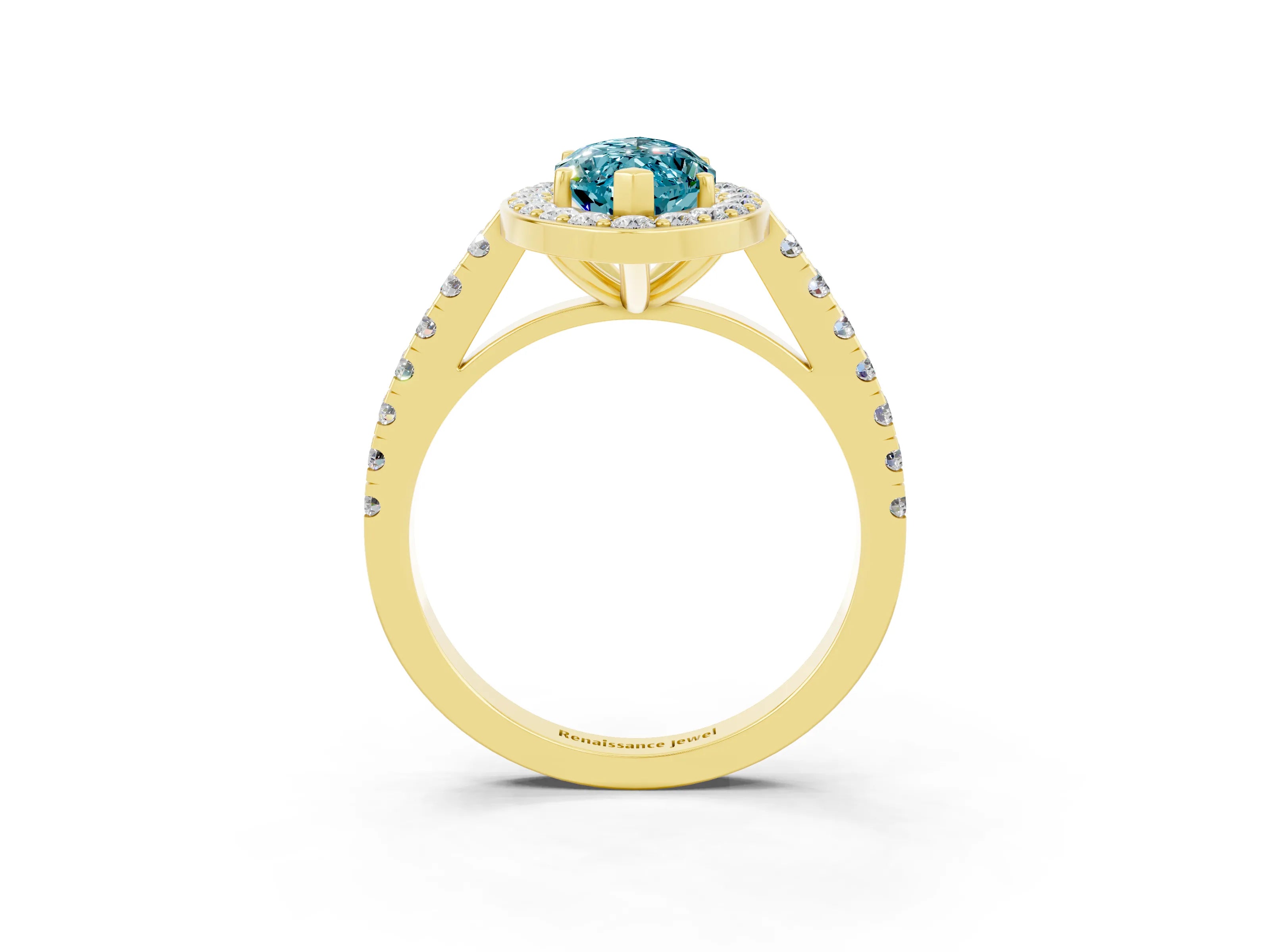 Yellow gold Marquise Cut Halo Diamond Ring with Pavé Band and Three-Prong Setting_3