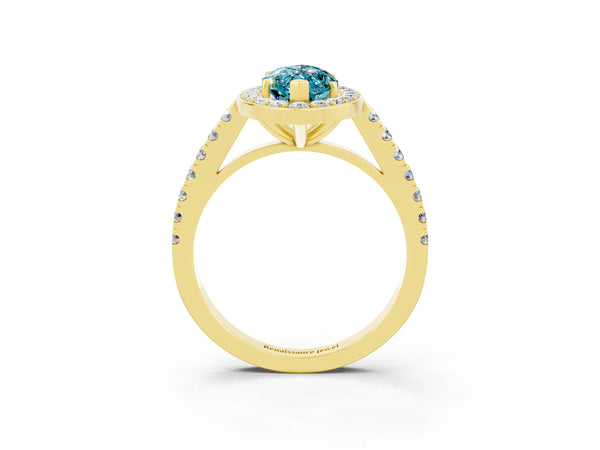 Yellow gold Marquise Cut Halo Diamond Ring with Pavé Band and Three-Prong Setting
