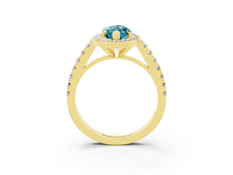 Yellow gold Marquise Cut Halo Diamond Ring with Pavé Band and Three-Prong Setting_3