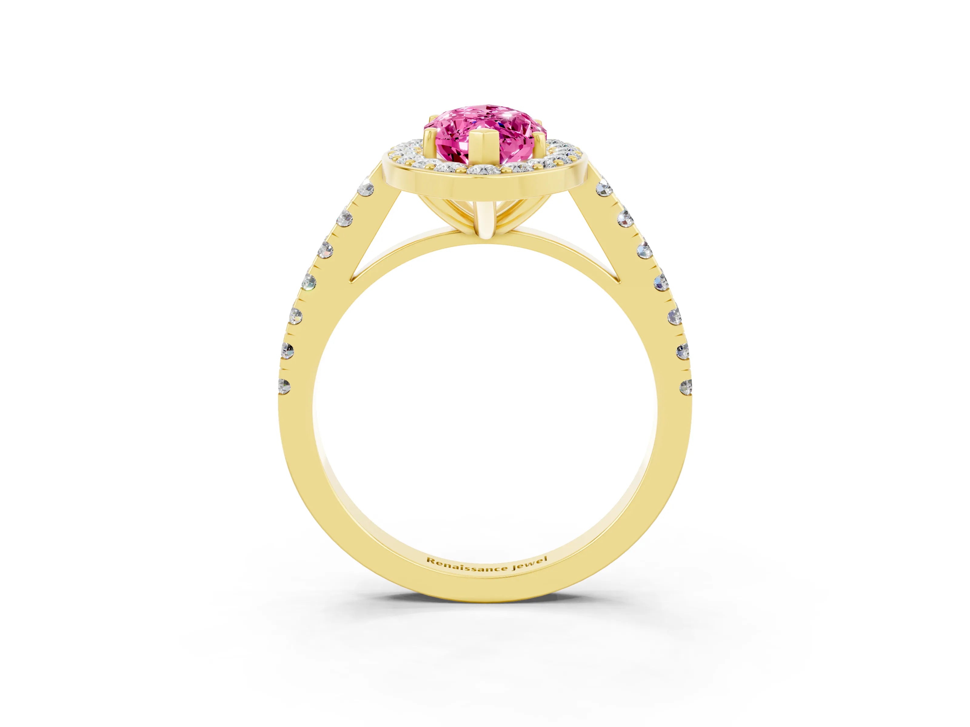 Yellow gold Marquise Cut Halo Diamond Ring with Pavé Band and Three-Prong Setting_3