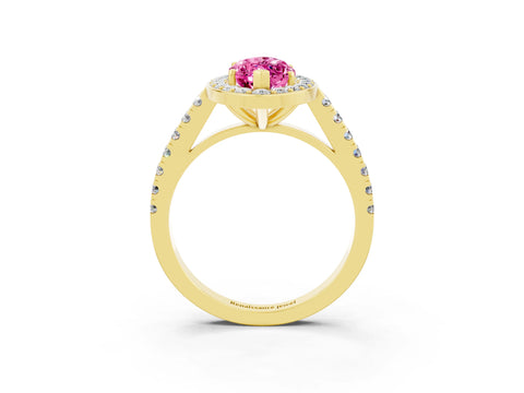 Yellow gold Marquise Cut Halo Diamond Ring with Pavé Band and Three-Prong Setting_3