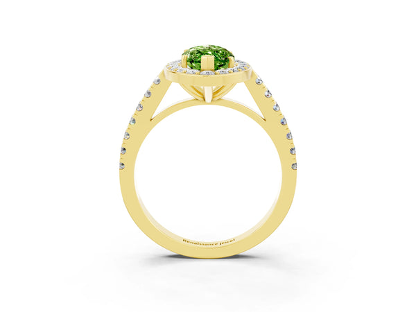 Yellow gold Marquise Cut Halo Diamond Ring with Pavé Band and Three-Prong Setting