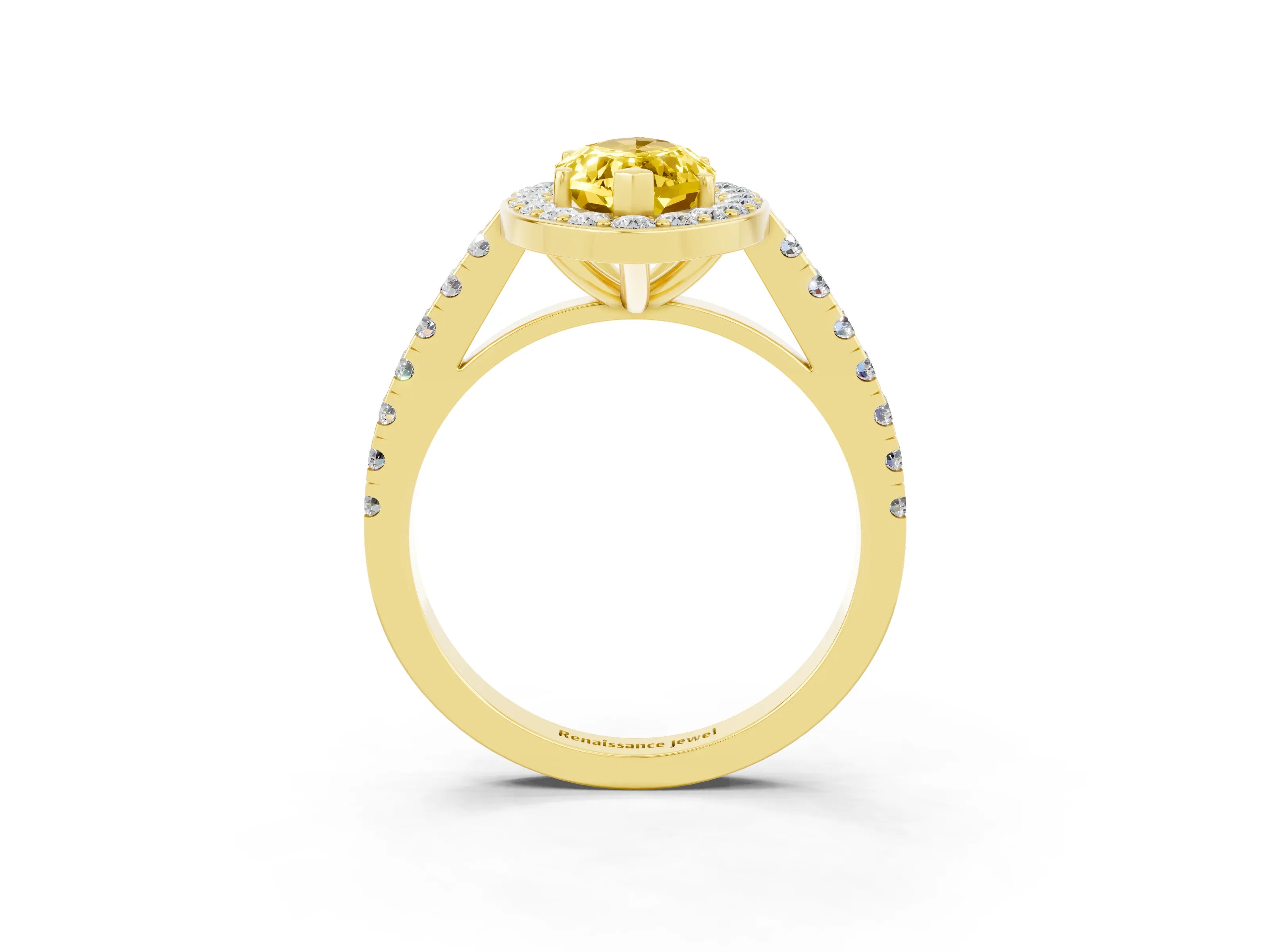 Yellow gold Marquise Cut Halo Diamond Ring with Pavé Band and Three-Prong Setting_3
