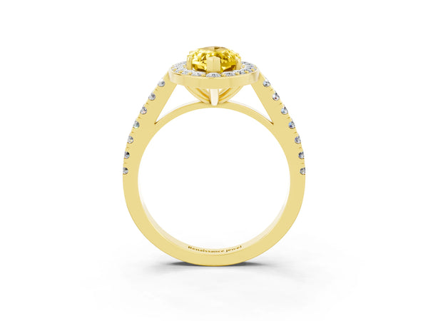 Yellow gold Marquise Cut Yellow Sapphire Halo Ring with Round Pavé Split Shank and Prong Setting