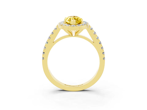 Yellow gold Marquise Cut Halo Diamond Ring with Pavé Band and Three-Prong Setting_3