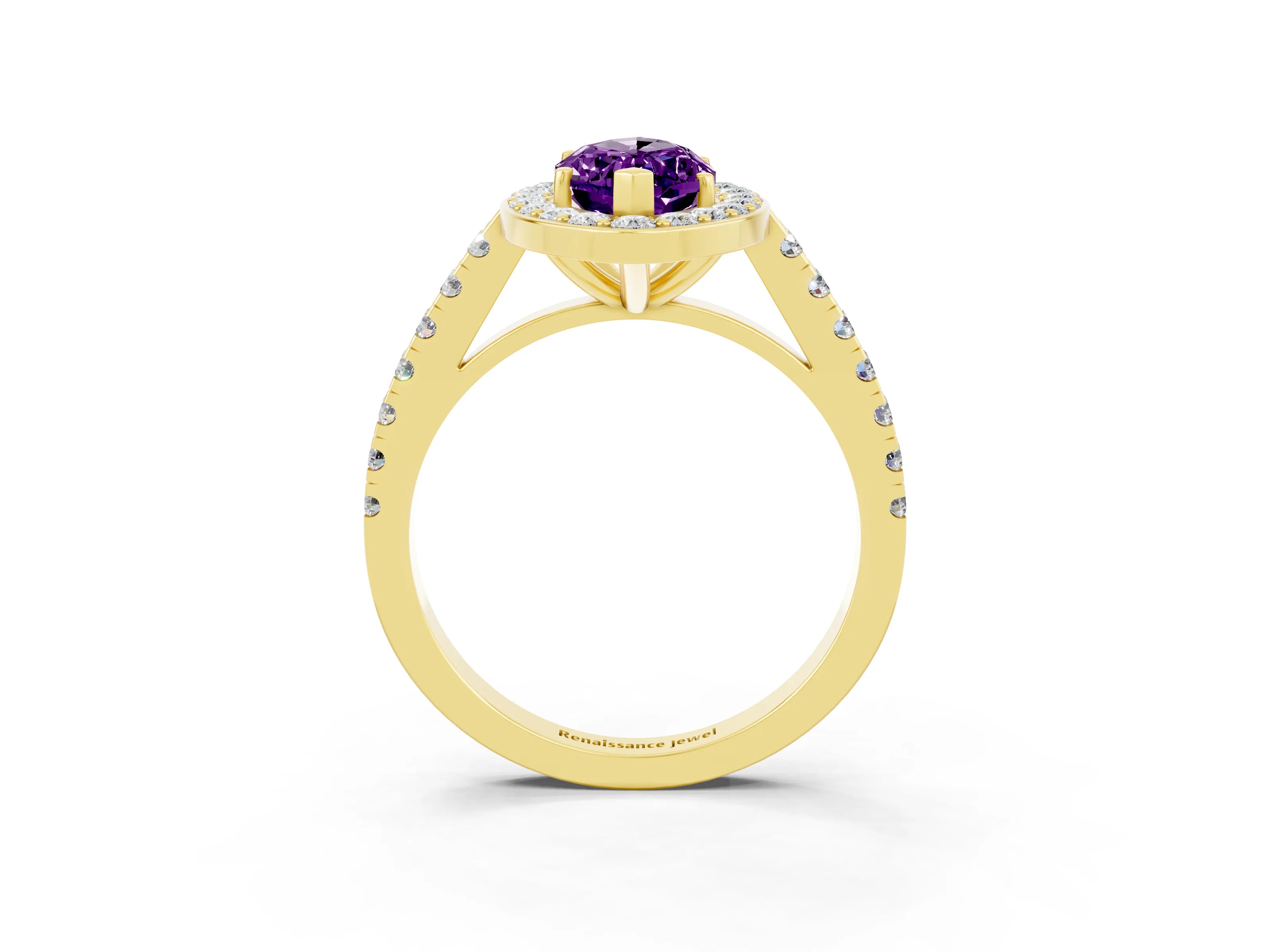 Yellow gold Marquise Cut Halo Diamond Ring with Pavé Band and Three-Prong Setting_3