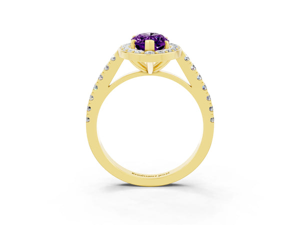 Yellow gold Marquise Cut Amethyst Halo Ring with Round Pavé Split Shank and Prong Setting