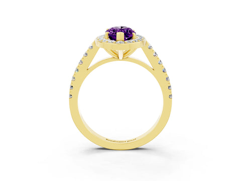 Yellow gold Marquise Cut Halo Diamond Ring with Pavé Band and Three-Prong Setting_3