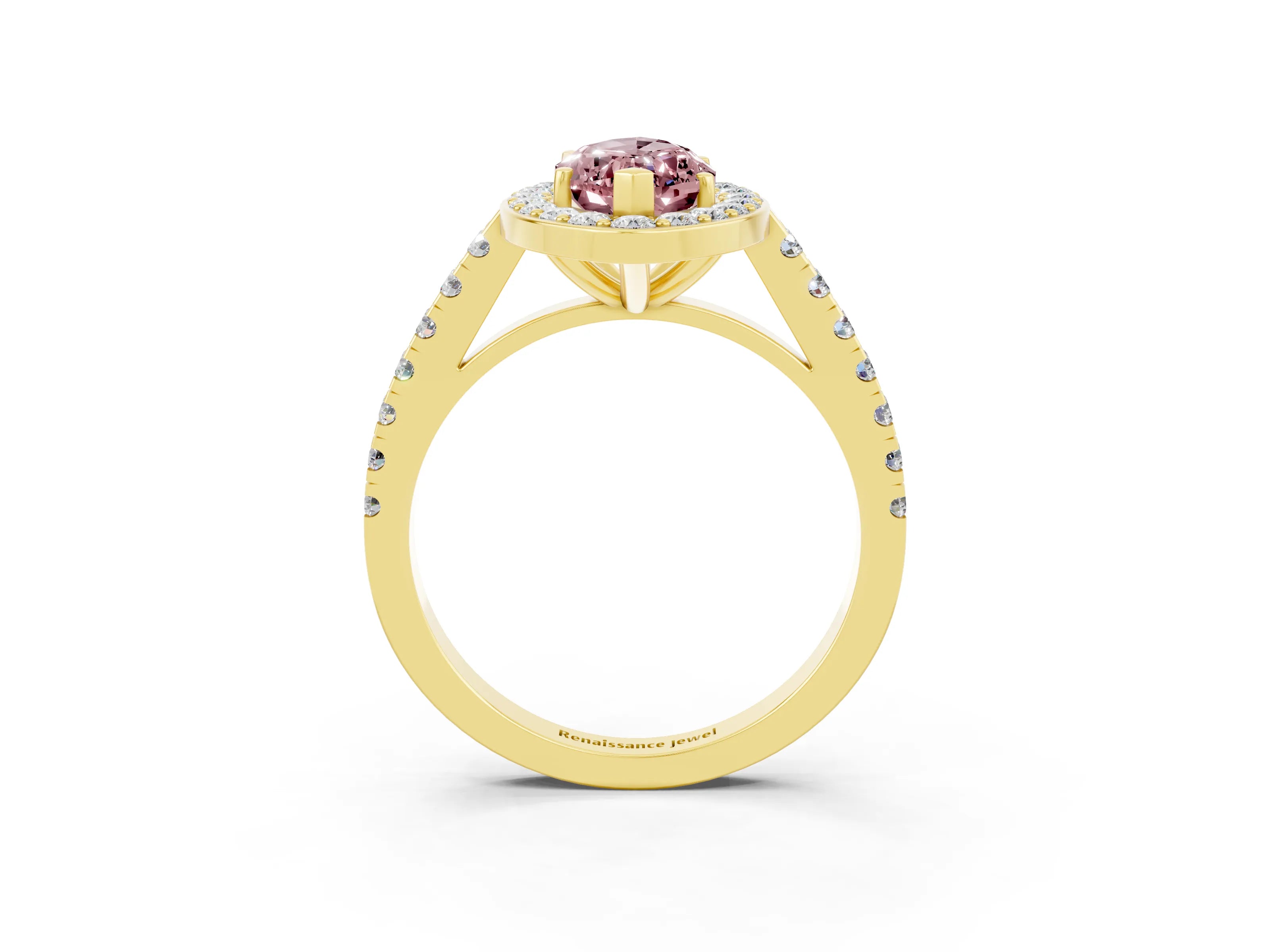 Yellow gold Marquise Cut Halo Diamond Ring with Pavé Band and Three-Prong Setting_3