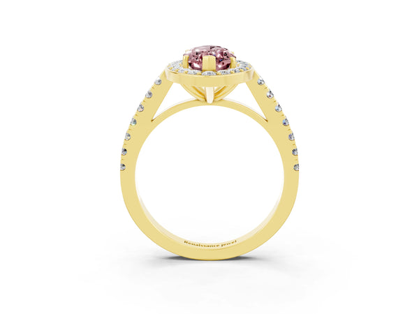 Yellow gold Marquise Cut Halo Diamond Ring with Pavé Band and Three-Prong Setting