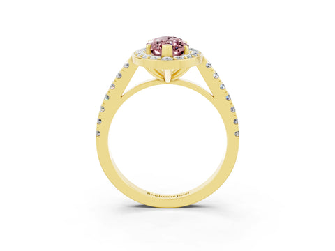 Yellow gold Marquise Cut Halo Diamond Ring with Pavé Band and Three-Prong Setting_3