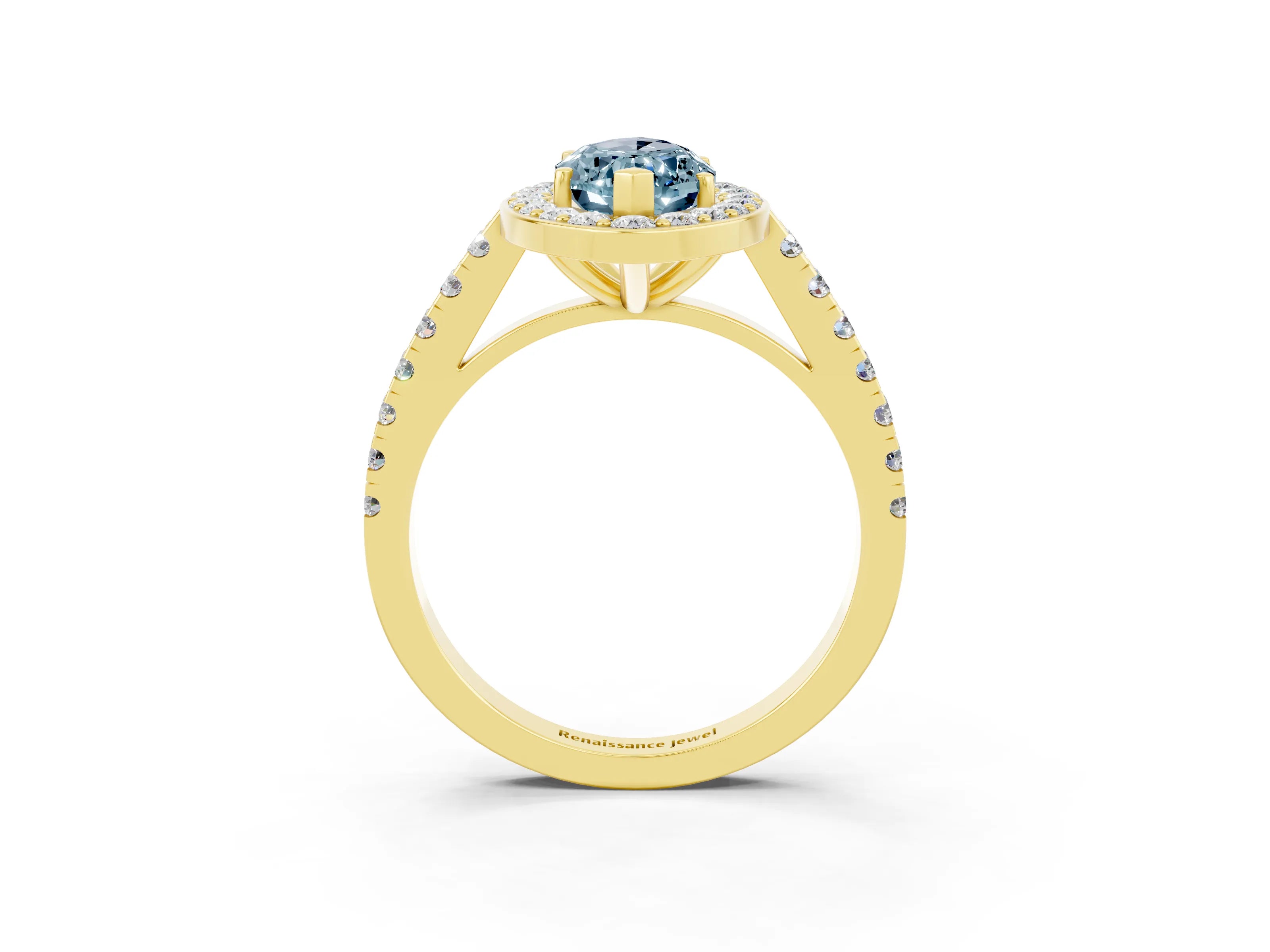 Yellow gold Marquise Cut Halo Diamond Ring with Pavé Band and Three-Prong Setting_3