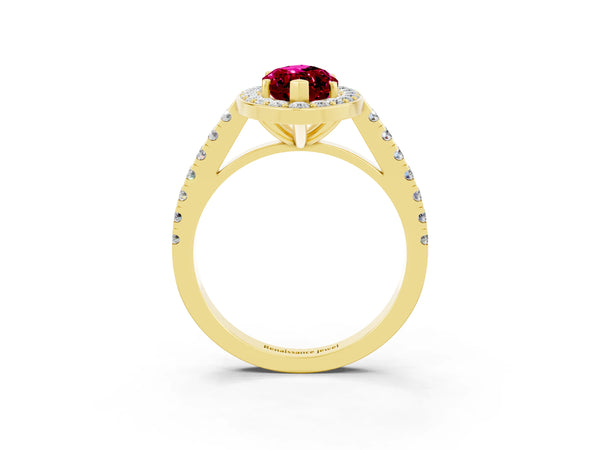 Yellow gold Marquise Cut Garnet Halo Ring with Round Pavé Split Shank and Prong Setting