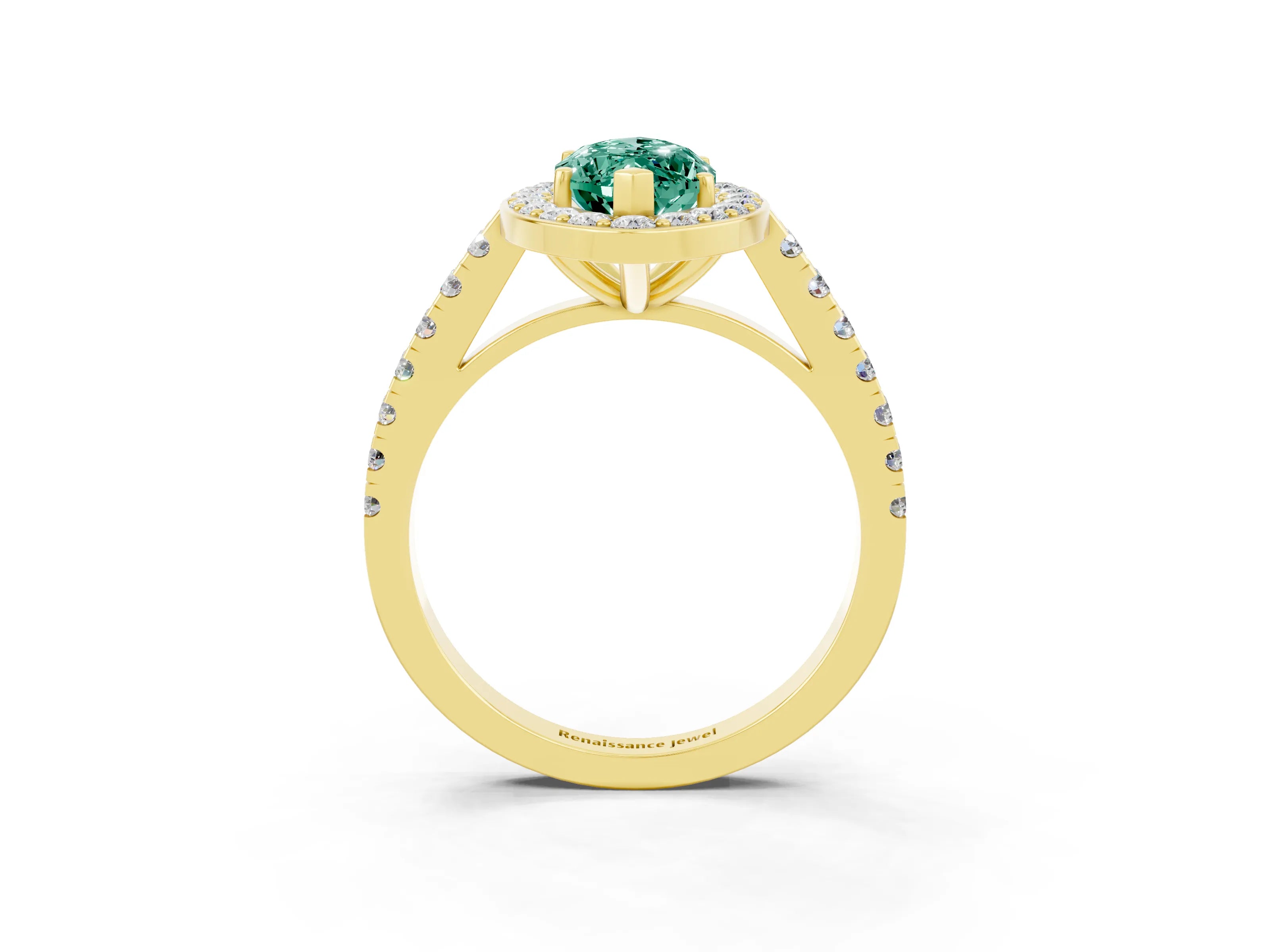 Yellow gold Marquise Cut Halo Diamond Ring with Pavé Band and Three-Prong Setting_3