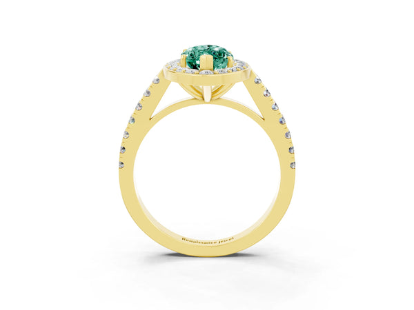 Yellow gold Marquise Cut Green Sapphire Halo Ring with Round Pavé Split Shank and Prong Setting