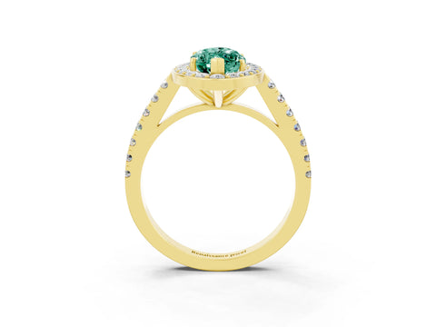 Yellow gold Marquise Cut Halo Diamond Ring with Pavé Band and Three-Prong Setting_3