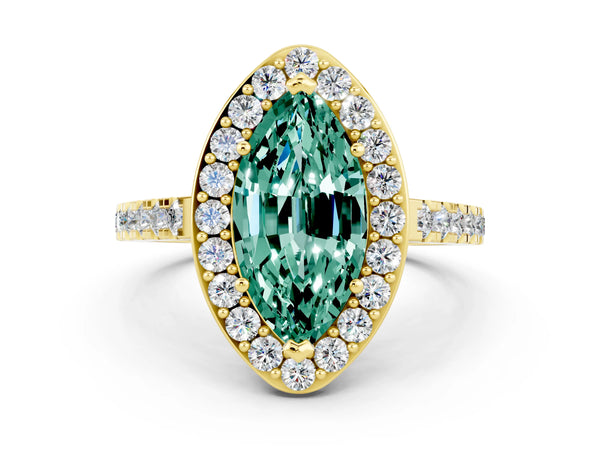 Yellow gold Marquise Cut Green Sapphire Halo Ring with Round Pavé Split Shank and Prong Setting
