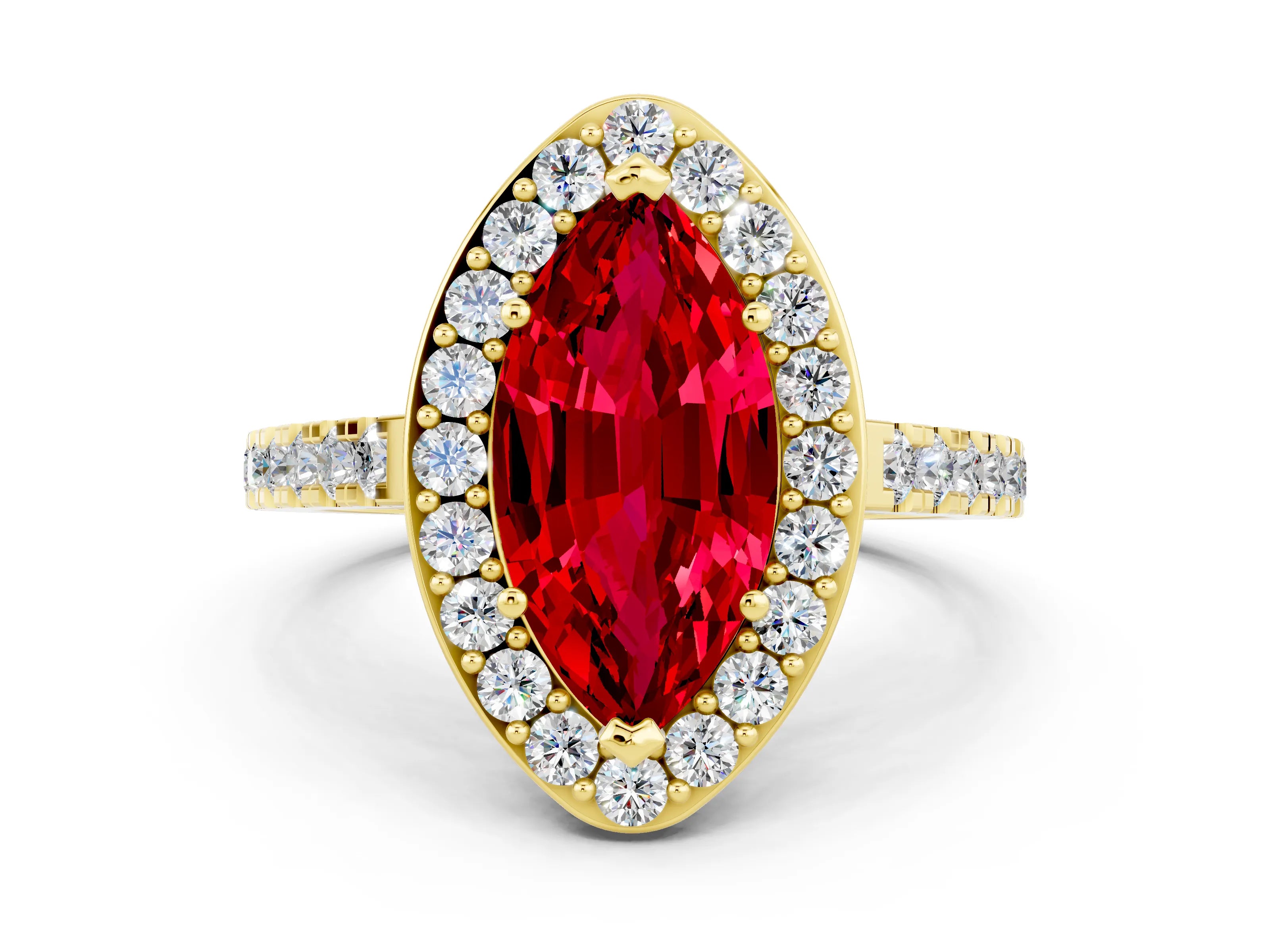 Yellow gold Marquise Cut Halo Diamond Ring with Pavé Band and Three-Prong Setting