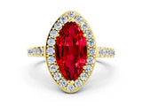 Yellow gold Marquise Cut Halo Diamond Ring with Pavé Band and Three-Prong Setting